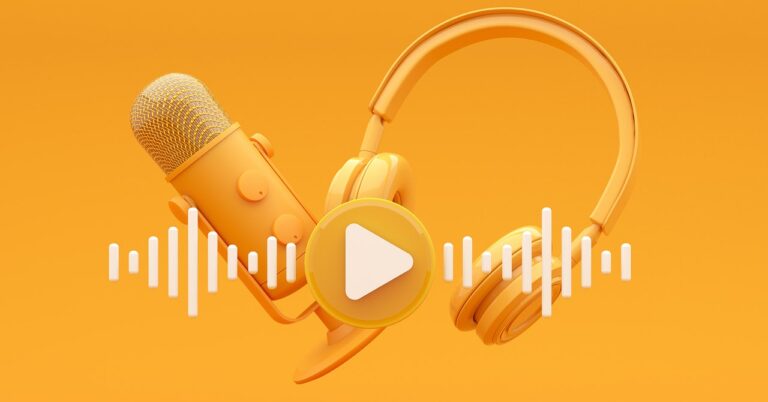 Yellow 3D rendering microphone headphones soundwave play button music podcast audio GettyImages 2190